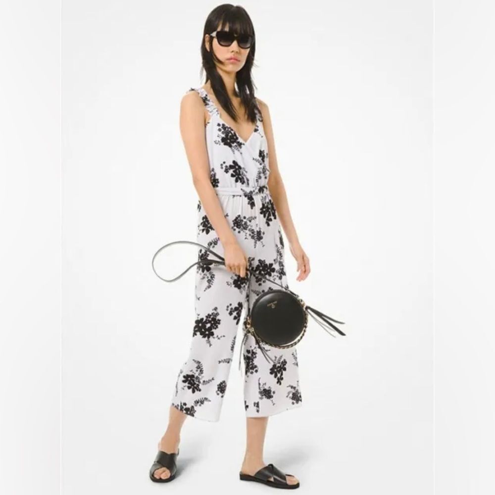 Michael Kors Women's Floral Crepe Ruched Straps Belted Cropped Midi Jumpsuit M